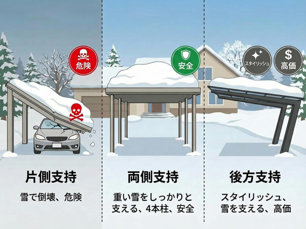 カーポートの種類（片側支持・両側支持・後方支持）｜雪国でのメリット・デメリットと「絶対に選んではいけない」タイプ