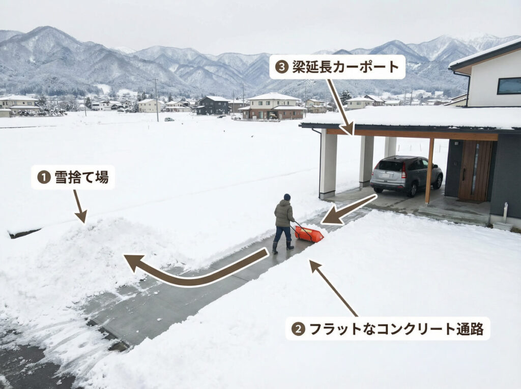 「雪かき（除雪）」を楽にする外構設計のアイデア｜朝の30分を取り戻す！「雪の捨て場」と「動線」の正解