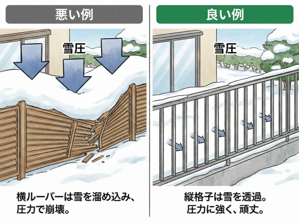 雪国（長野）の「フェンス・目隠し」選び。おしゃれな横板が折れる理由と、雪圧に勝つ3つの鉄則