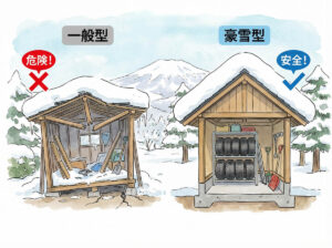 雪国（長野）の「物置・ガレージ」選び方｜「一般地用」はなぜ潰れる？基礎と屋根の強度で決まる寿命