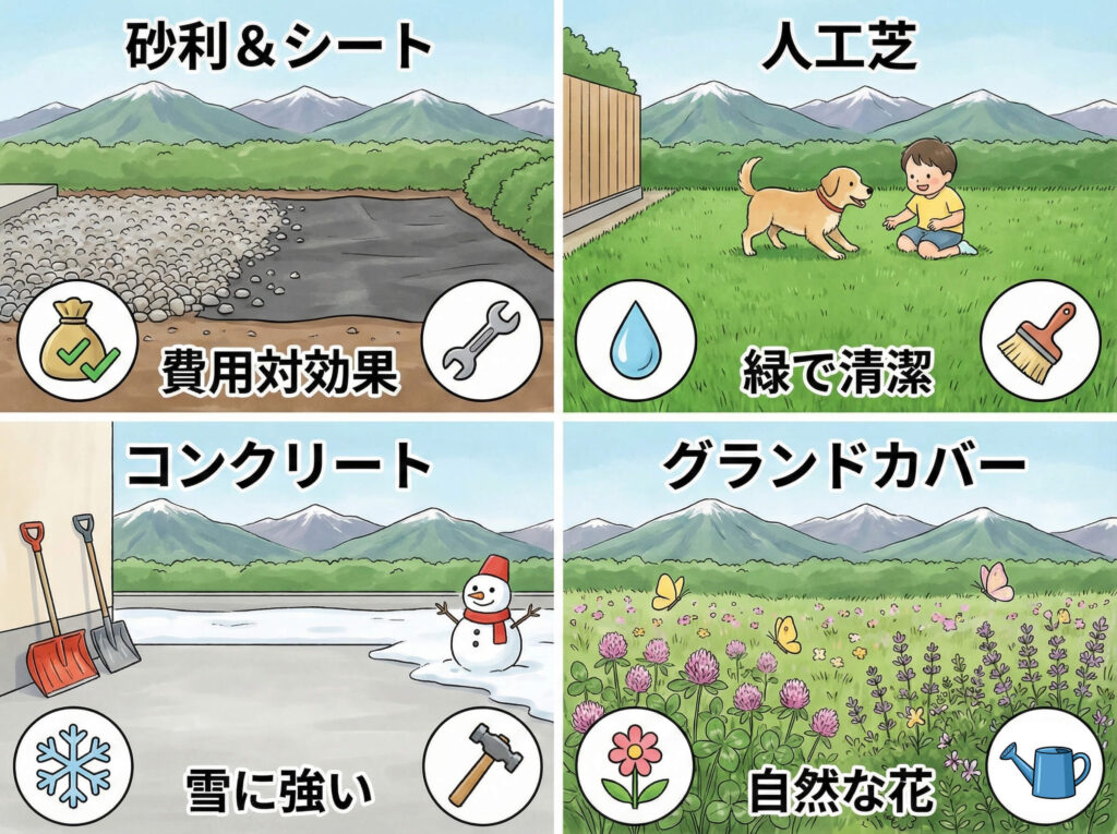 庭の「雑草対策」徹底比較｜防草シート・砂利・人工芝・コンクリート、長野県で後悔しない選び方は？