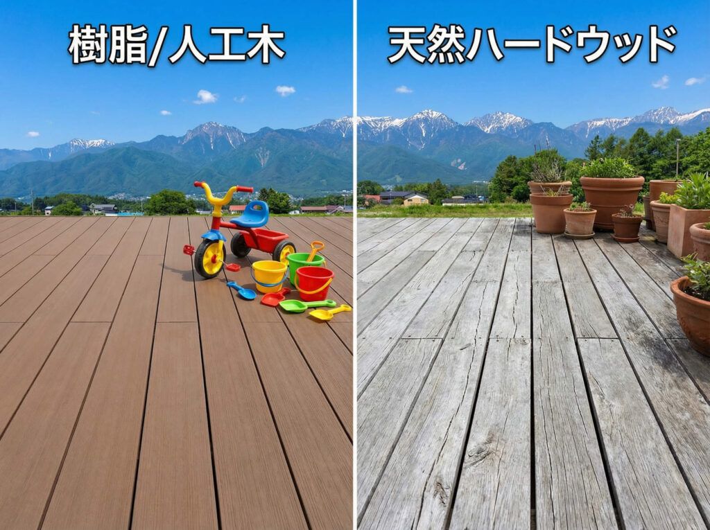 ウッドデッキの「素材」徹底比較｜樹脂（人工木）vs 天然木（ハードウッド）。長野県の雪と紫外線に勝つのはどっち？