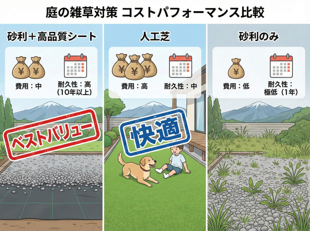 庭の「雑草対策」コスパ比較｜防草シート vs 砂利 vs 人工芝。長野県で「安物買い」が命取りになる理由