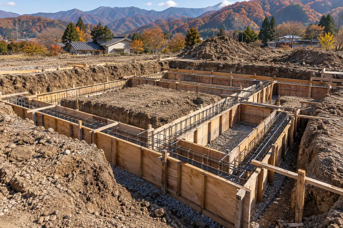 木造住宅の基礎工事。掘削した地面に、鉄筋を組んだ基礎の型枠が並んでいる