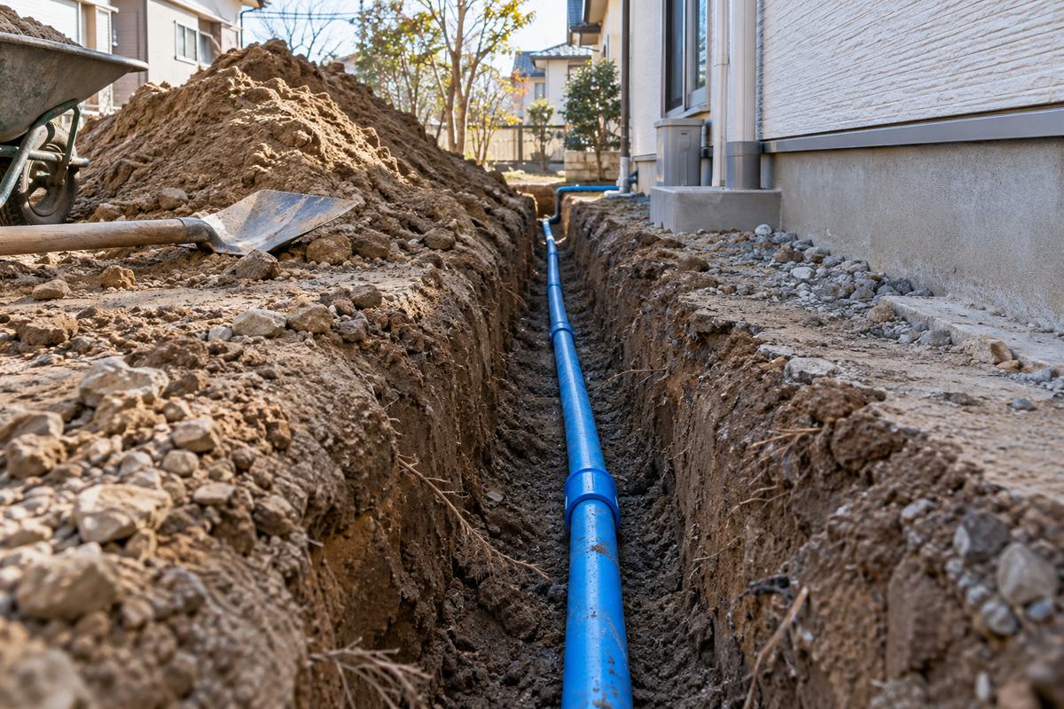 住宅の敷地で、溝を掘って水道管を埋めている工事の様子