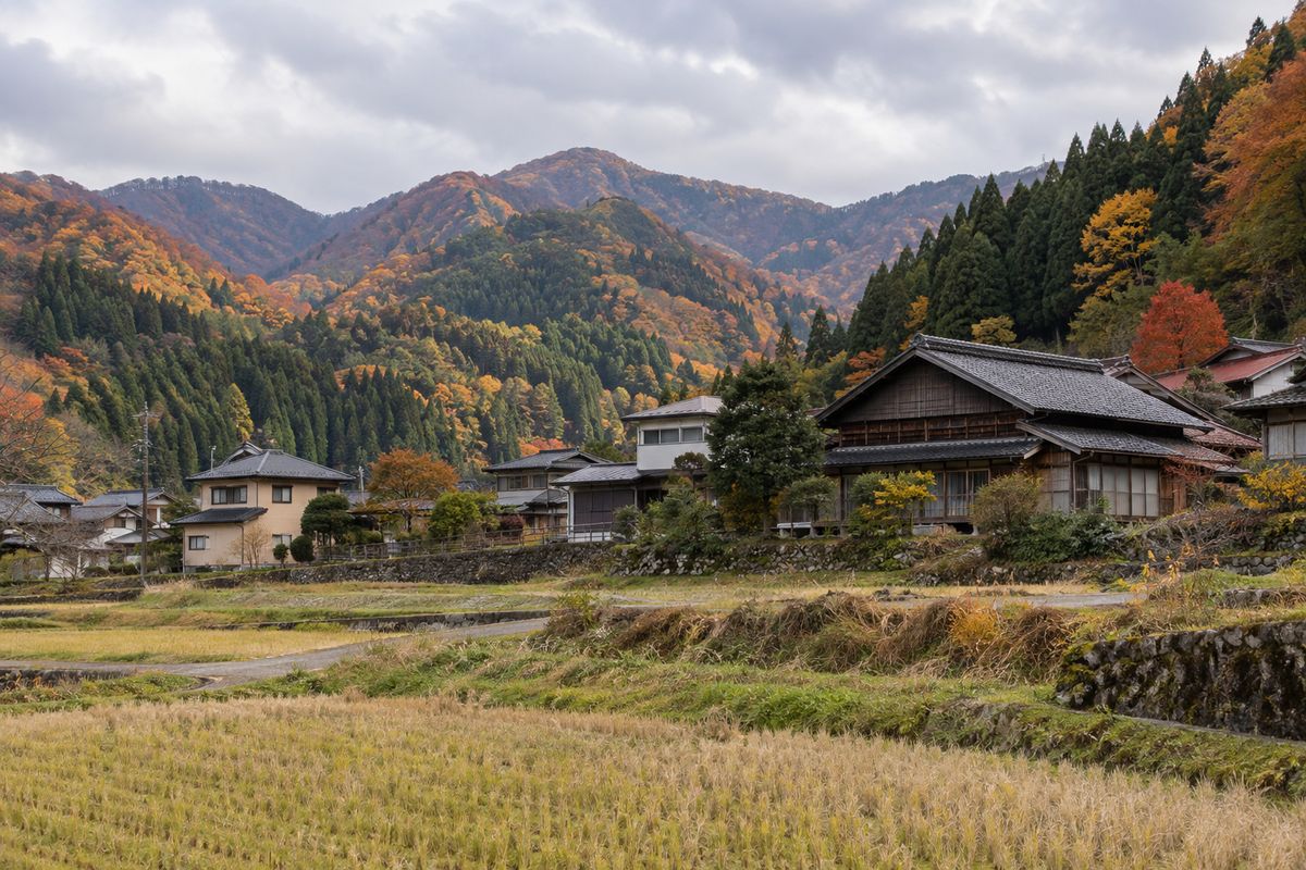 古い民家と新しい住宅が並ぶ長野県の山あいの集落
