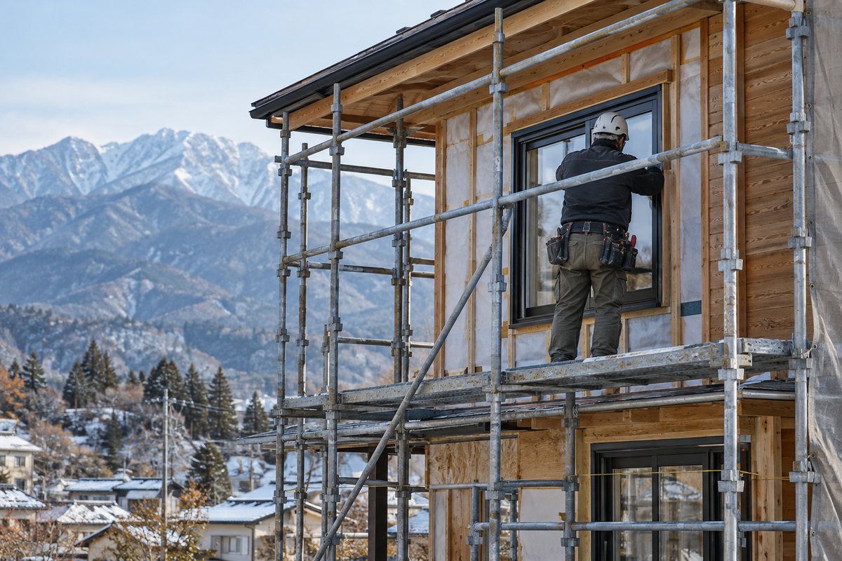 初冬の長野県で足場を組んで進む住宅のリフォーム工事