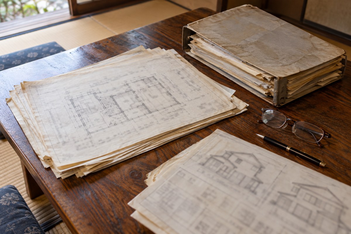 座卓の上に広げた、古い家の図面と書類のファイル