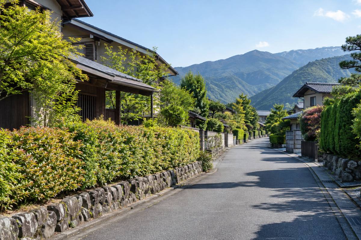 長野県の住宅街の通りと、遠くの山並み