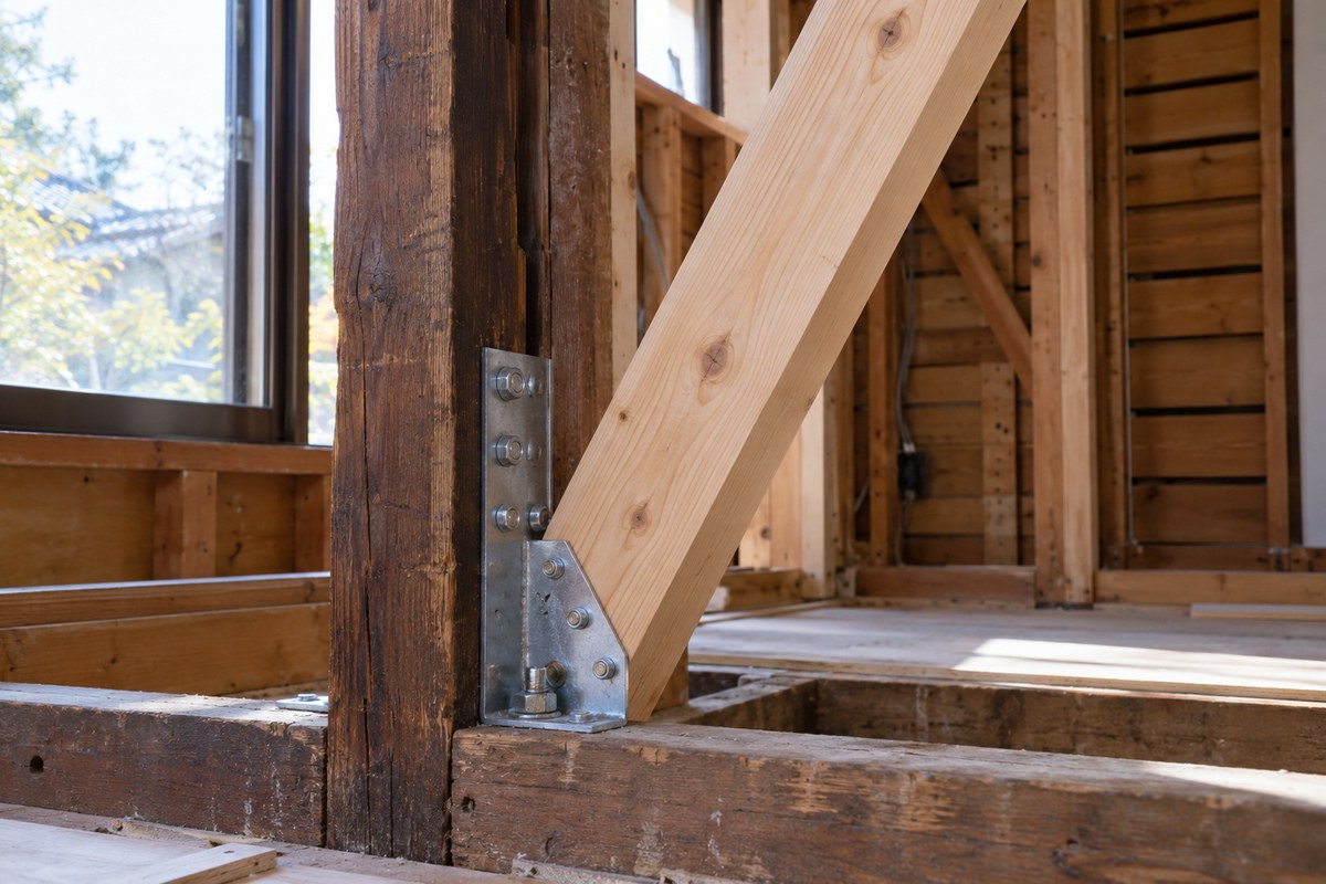古い木造住宅の柱のあいだに取り付けられた新しい筋かいと耐震金物